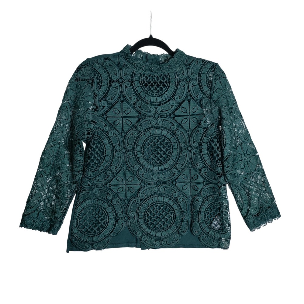 James Coviello Dark Green Lace Mock Neck Button Back Top Size M